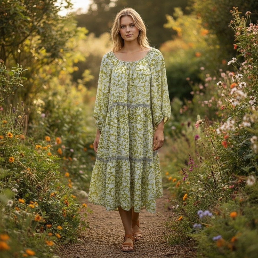 Anthropologie Mini Dress Green Floral Tiered Boho Peasant Cottagecore Festival M
